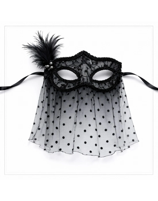 ® Siyah Dantel Tüllü Peçeli Parti Maskesi - Tüylü İnci Detaylı