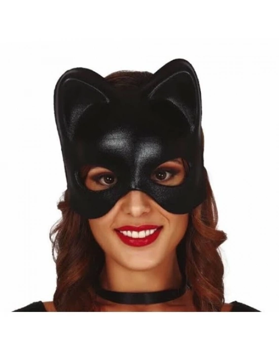 Siyah Deri Görünümlü Kedi Maskesi