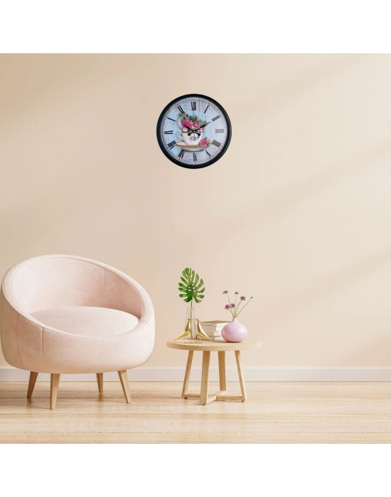 Siyah Floral Tea Cup Duvar Saati