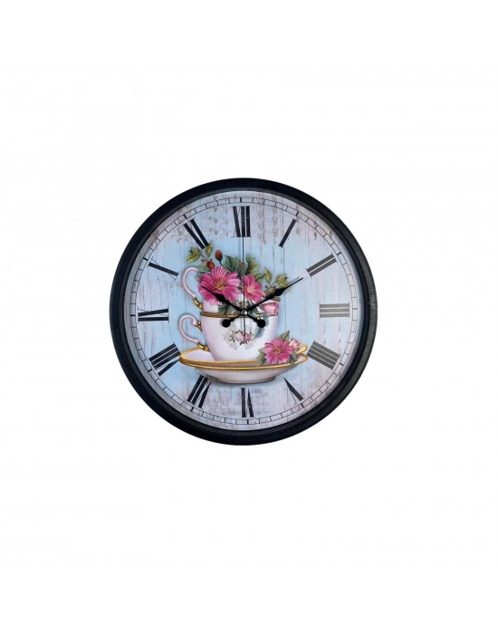 Siyah Floral Tea Cup Duvar Saati