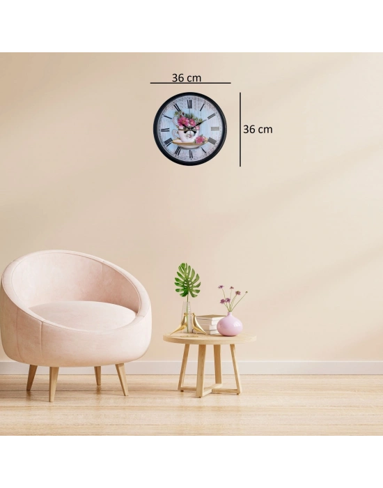 Siyah Floral Tea Cup Duvar Saati
