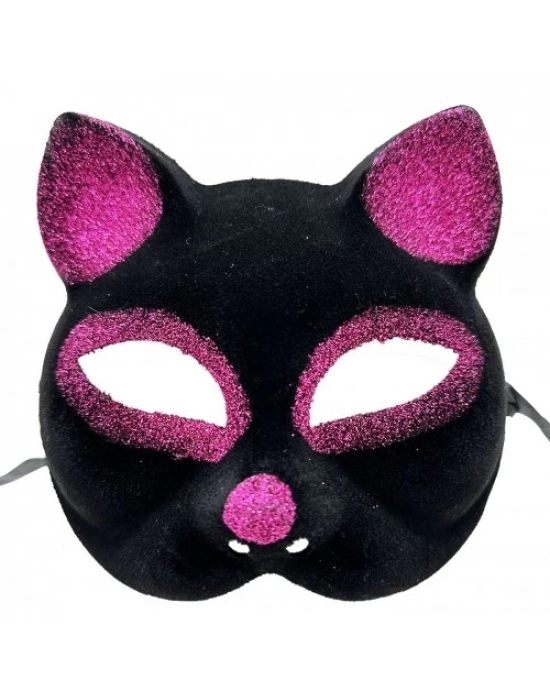 Siyah Fuşya Simli Süet Kedi Maskesi