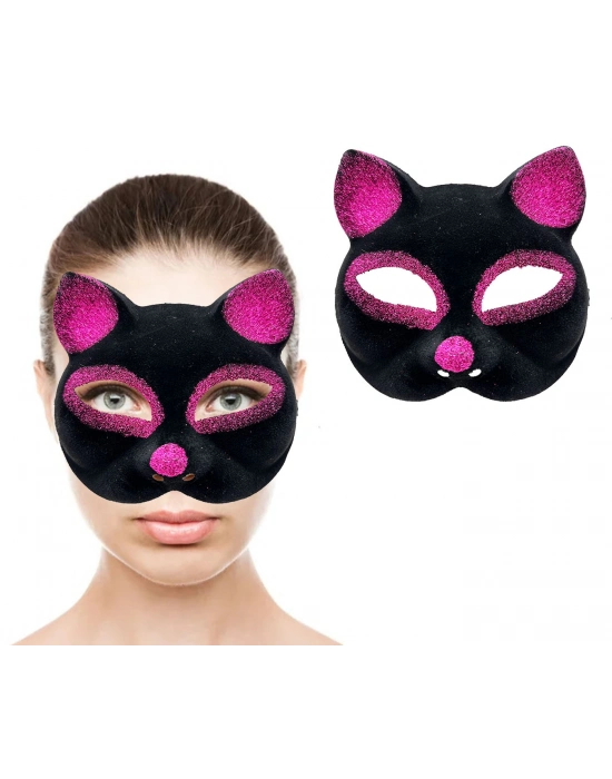 Siyah Fuşya Simli Süet Kedi Maskesi