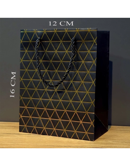 Siyah Geometrik Desenli Mini Boy Karton Hediye Çantası