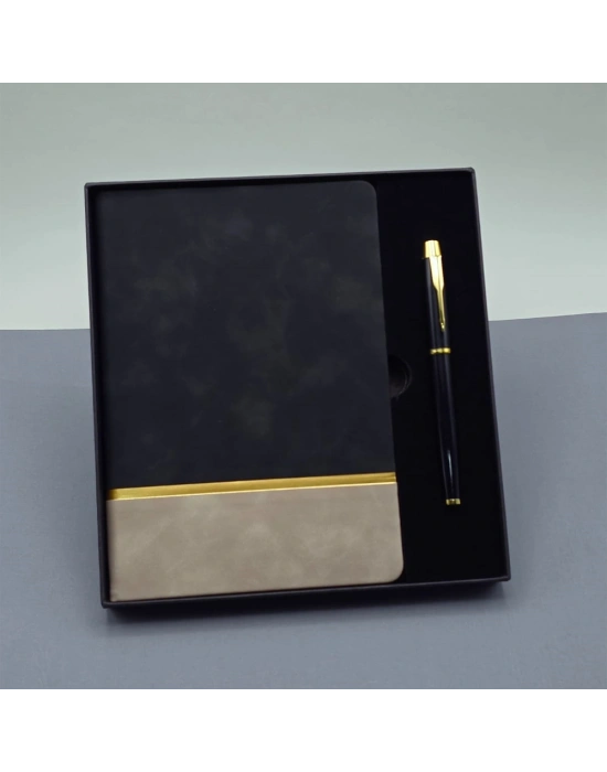 Siyah Gold Detaylı Termo Deri Defter Ve Metal Roller Kalem Hediye Seti