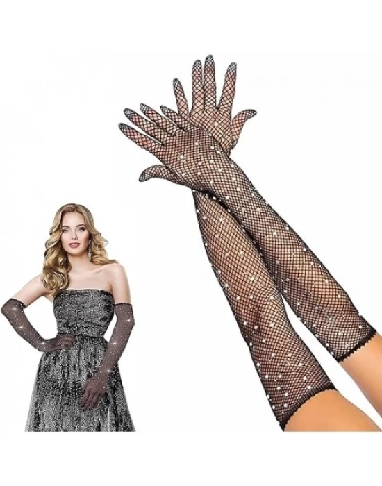 Siyah İncili Elmas File Örgü Uzun Eldiven