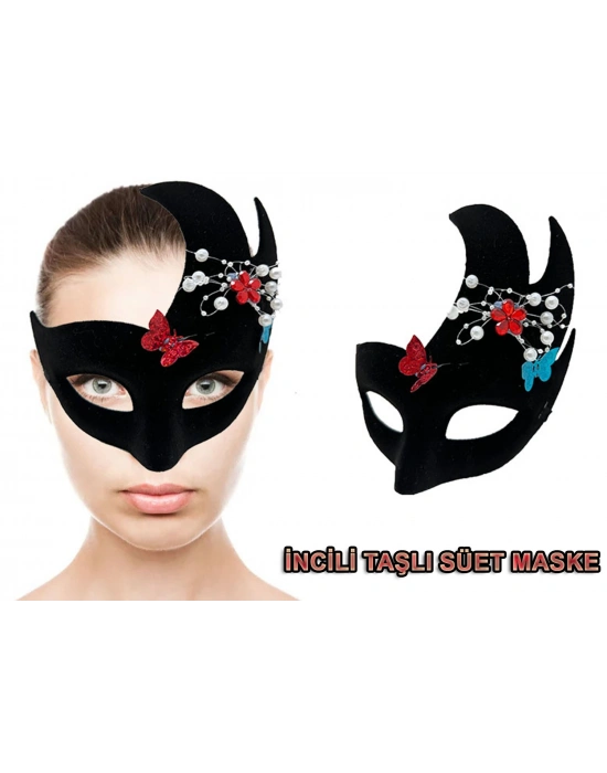 Siyah İncili Taşlı Süet Venedik Parti Maskesi
