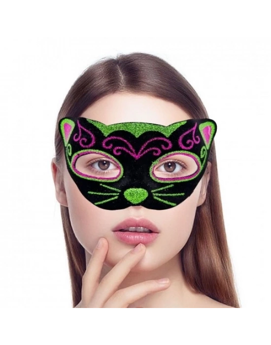 Siyah Kadife İşlemeli Kedi Maskesi