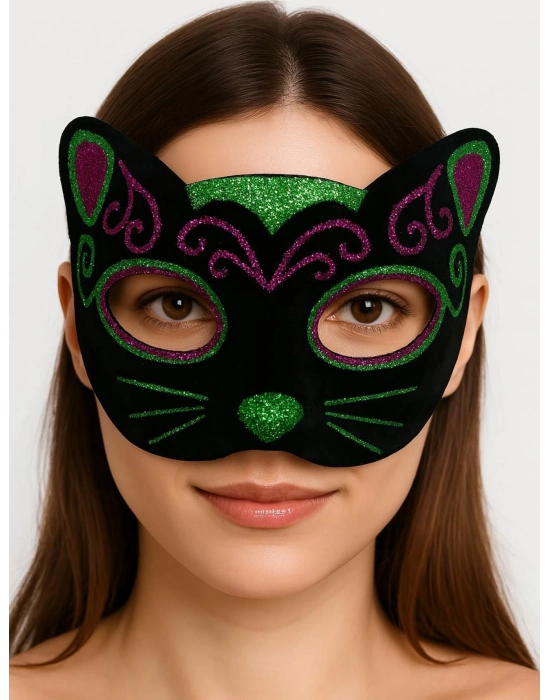 Siyah Kadife Kaplama Üzeri Pembe Yeşil Sim İşlemeli Kedi Maskesi 20x13 Cm