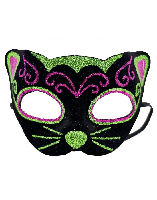 Siyah Kadife Kaplama Üzeri Pembe Yeşil Sim İşlemeli Kedi Maskesi 20x13 Cm