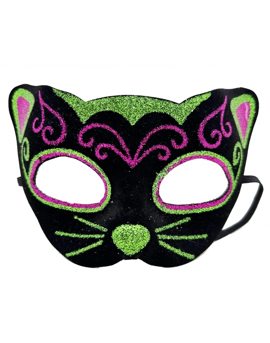 Siyah Kadife Kaplama Üzeri Pembe Yeşil Sim İşlemeli Kedi Maskesi 20x13 cm