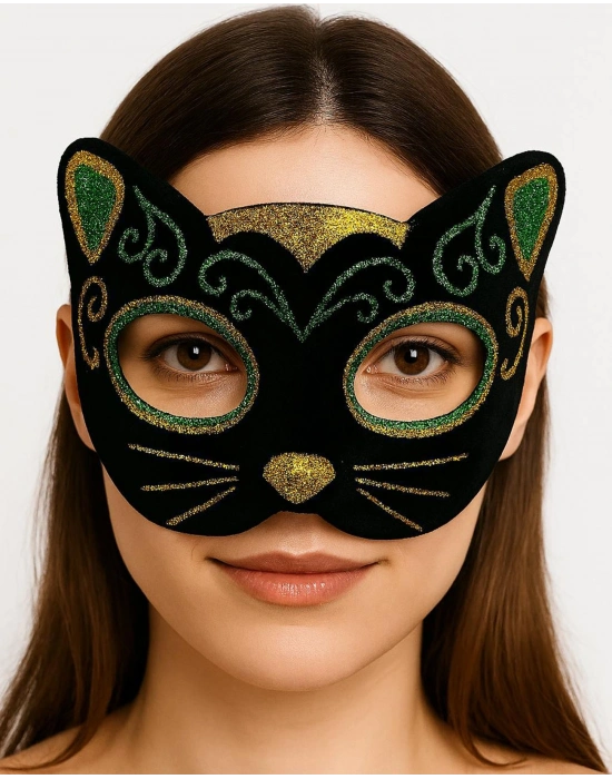 Siyah Kadife Kaplama Üzeri Sarı Yeşil Sim İşlemeli Kedi Maskesi 20x13 Cm