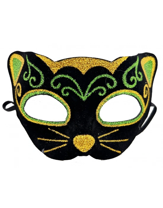 Siyah Kadife Kaplama Üzeri Sarı Yeşil Sim İşlemeli Kedi Maskesi 20x13 Cm
