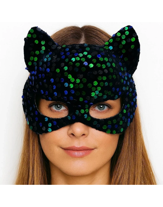 Siyah Kadife Kumaş Üzerine Mavi Yeşil Payetli Pullu Parti Maskesi 16x14 Cm