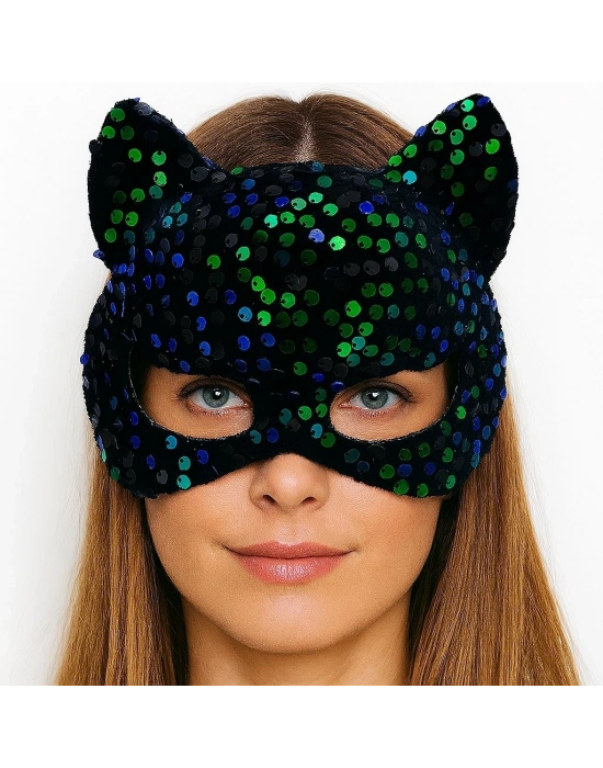 Siyah Kadife Kumaş Üzerine Mavi Yeşil Payetli Pullu Parti Maskesi 16x14 cm