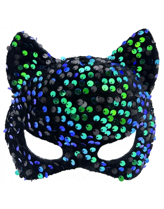 Siyah Kadife Kumaş Üzerine Mavi Yeşil Payetli Pullu Parti Maskesi 16x14 cm
