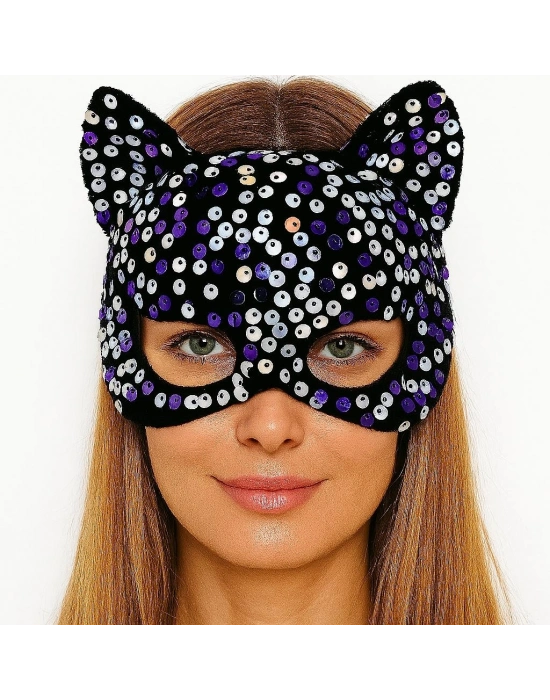 Siyah Kadife Kumaş Üzerine Mor Beyaz Payetli Pullu Parti Maskesi 16x14 cm