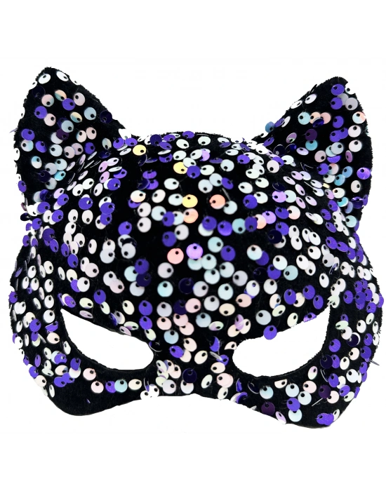 Siyah Kadife Kumaş Üzerine Mor Beyaz Payetli Pullu Parti Maskesi 16x14 Cm