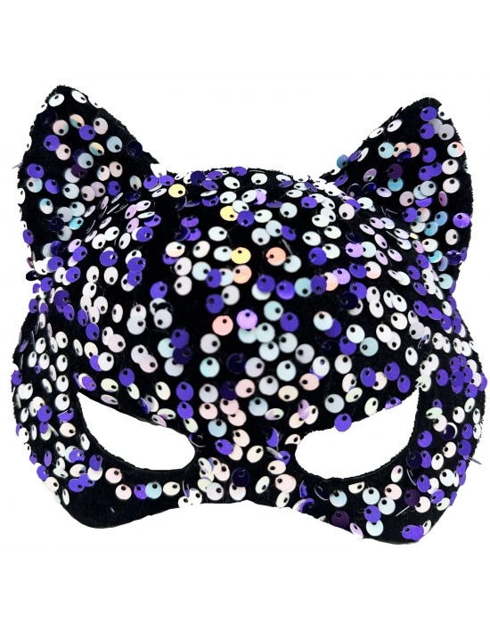 Siyah Kadife Kumaş Üzerine Mor Beyaz Payetli Pullu Parti Maskesi 16x14 cm