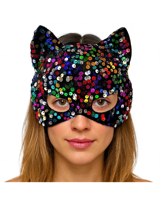 Siyah Kadife Kumaş Üzerine Rengarenk Payetli Pullu Parti Maskesi 16x14 Cm