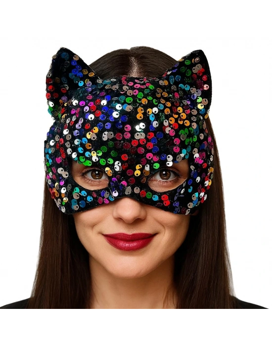 Siyah Kadife Kumaş Üzerine Rengarenk Payetli Pullu Parti Maskesi 16x14 Cm