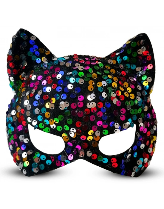 Siyah Kadife Kumaş Üzerine Rengarenk Payetli Pullu Parti Maskesi 16x14 cm