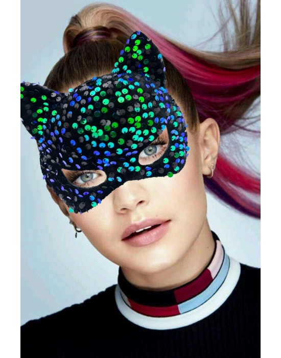 Siyah Kadife Mavi Yeşil Parti Maskesi