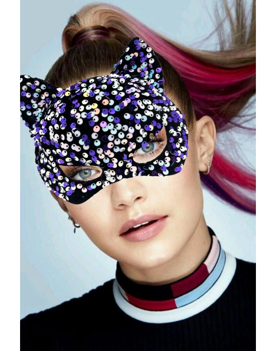 Siyah Kadife Mor Beyaz Pullu Parti Maskesi