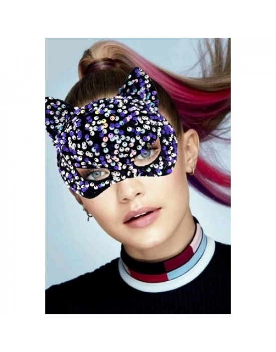 Siyah Kadife Mor Beyaz Pullu Parti Maskesi