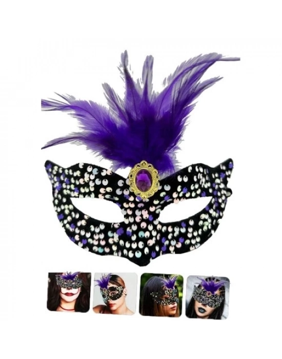 Siyah Kadife Payetli Pullu Mor Tüylü Parti Maskesi