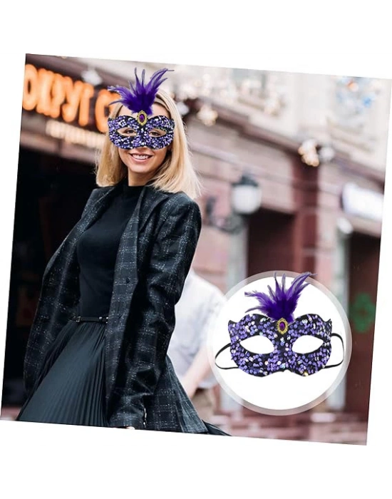 Siyah Kadife Payetli Pullu Mor Tüylü Parti Maskesi
