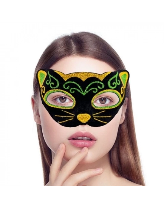 Siyah Kadife Sarı Yeşil Simli Kedi Maskesi