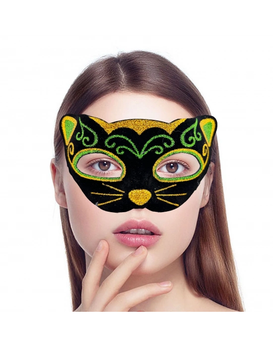 Siyah Kadife Sarı Yeşil Simli Kedi Maskesi