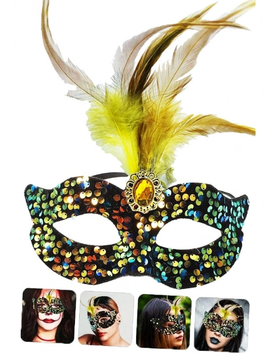 Siyah Kadife Üzeri Rengarenk Payetli Pullu Sarı Tüylü Sarı Taşlı Parti Maskesi 19x21 Cm