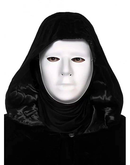 Siyah Kapüşonlu 120 Cm Pelerin Ve Beyaz Boyanabilir Tam Yüz Maske