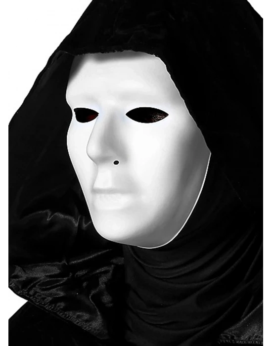 Siyah Kapüşonlu 120 cm Pelerin ve Beyaz Boyanabilir Tam Yüz Maske