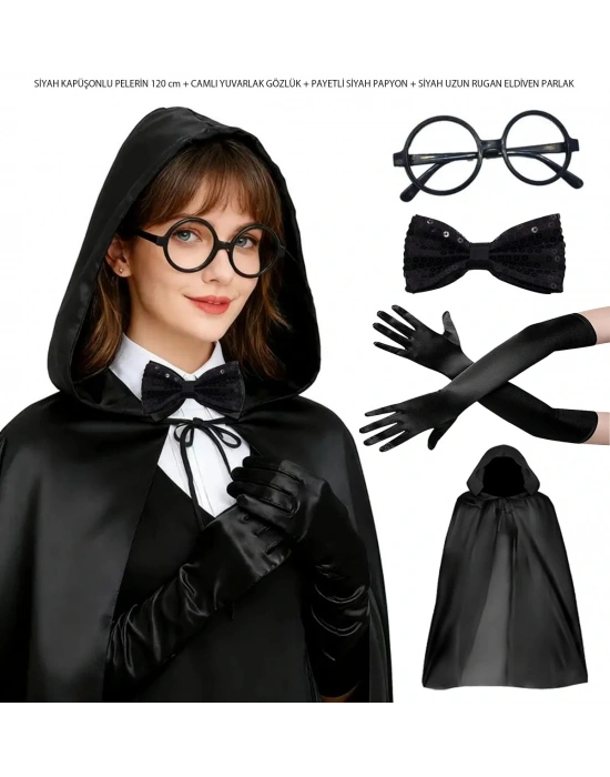Siyah Kapüşonlu Büyücü Ve Cadı Pelerin Kostüm Seti (4 Parça)