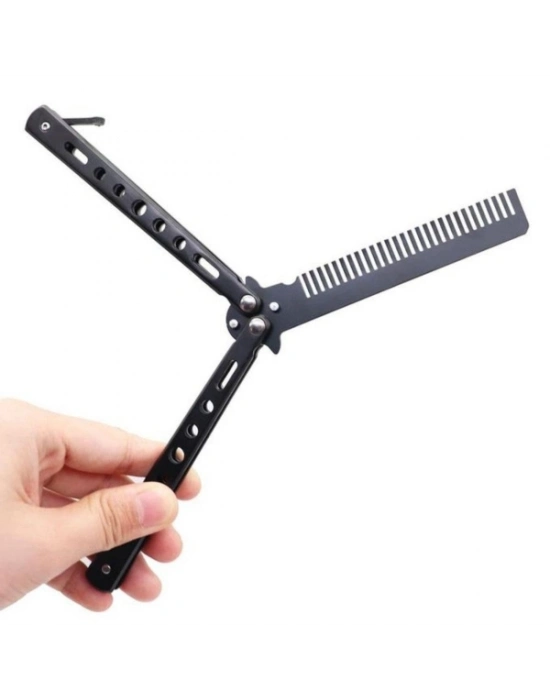 Siyah Katlanabilir Paslanmaz Çelik Kelebek Bıçak Tasarımlı Tarak