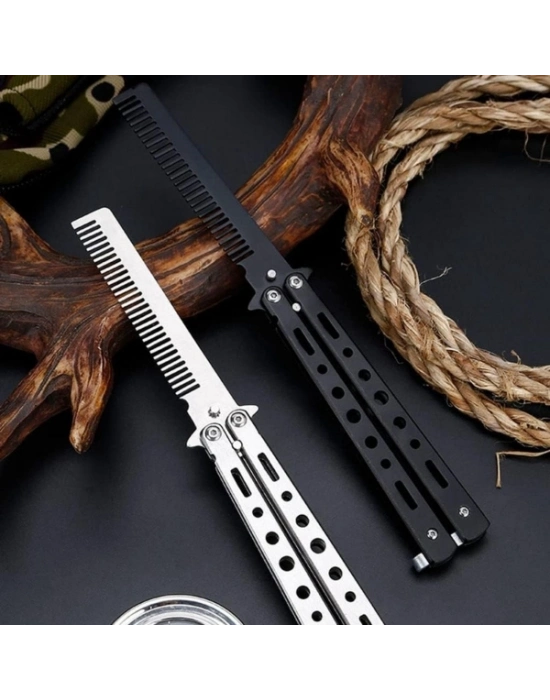 Siyah Katlanabilir Paslanmaz Çelik Kelebek Bıçak Tasarımlı Tarak