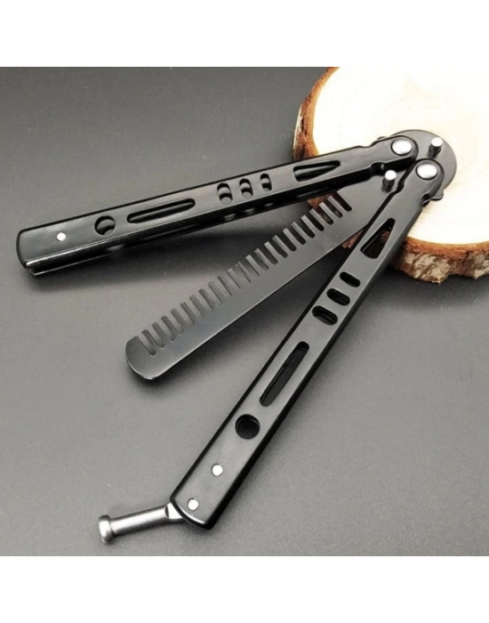 Siyah Katlanabilir Paslanmaz Çelik Kelebek Bıçak Tasarımlı Tarak