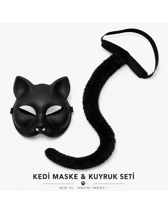 Siyah Kedi Maskesi ve Peluş Kuyruk Kostüm Seti 70 cm