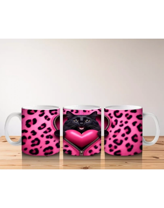 Siyah Kediler ve Pembe Kalp – Baskılı Kahve Kupası