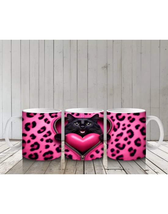 Siyah Kediler ve Pembe Kalp – Baskılı Kahve Kupası