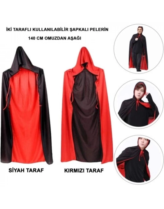 Siyah Kırmızı Çift Taraflı Kapişonlu Pelerin