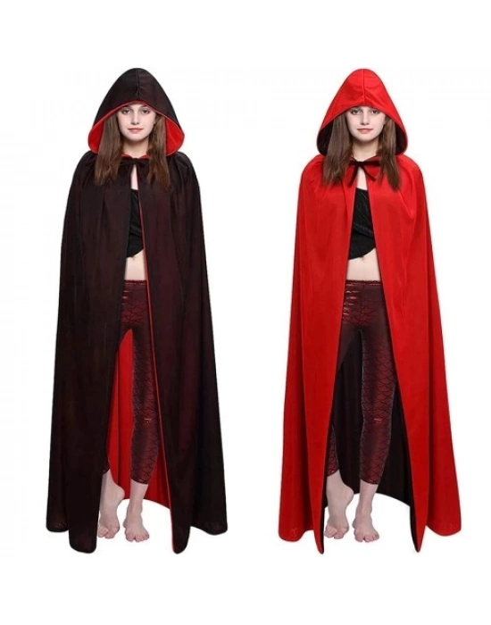 Siyah Kırmızı Çift Taraflı Kapişonlu Pelerin