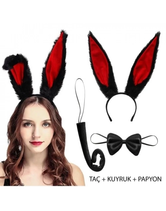 Siyah Kırmızı Peluş Tavşan Kulak Seti Yetişkin Boy