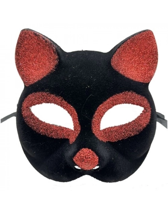 Siyah Kırmızı Simli Süet Kedi Maskesi