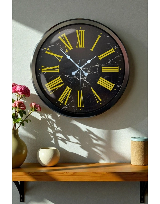 ® Siyah Mermer Desenli 52 Cm Metal Duvar Saati