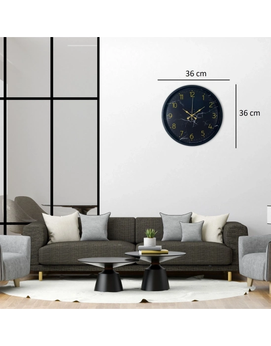 Siyah Mermer Desenli Görünümlü 36 Cm Duvar Saati