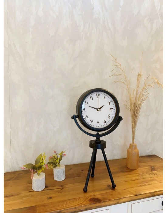 ® Siyah Metal Mini Tripod Farsça Masa Saati 45×26 cm